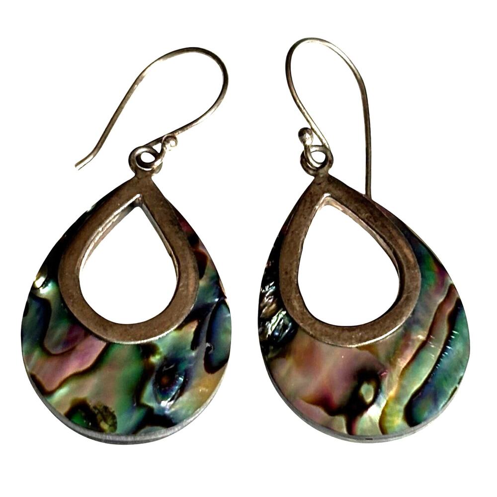 Silvertone pierced earrings open teardrop hoop dangles green abalone shell inset